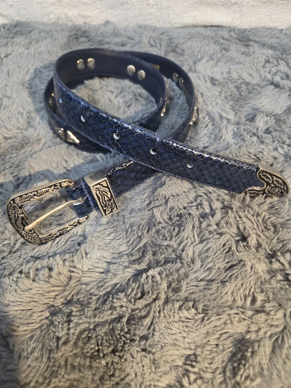 Lee Sands Snake Skin Blue  Leather Western Belt with Decorative Silver Buckle